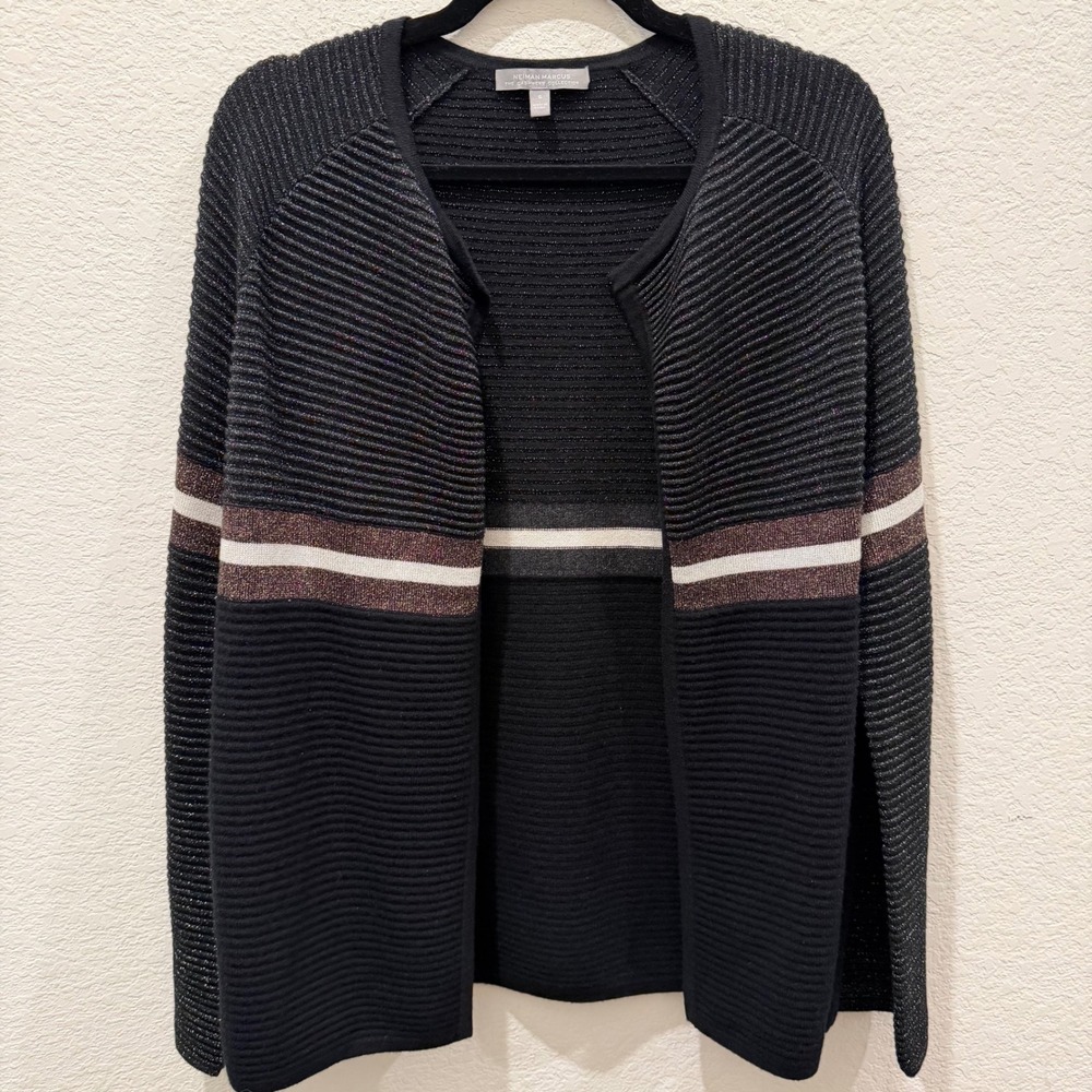 Neiman Marcus Cashmere Blend Metallic Ribbed Open Front Cardigan Black Small